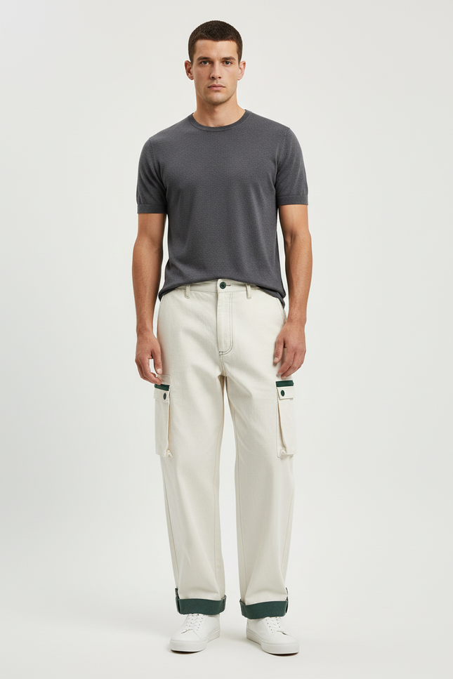 Pantalon Blanc Cargo Ample Coton Homme Streetwear - Toile