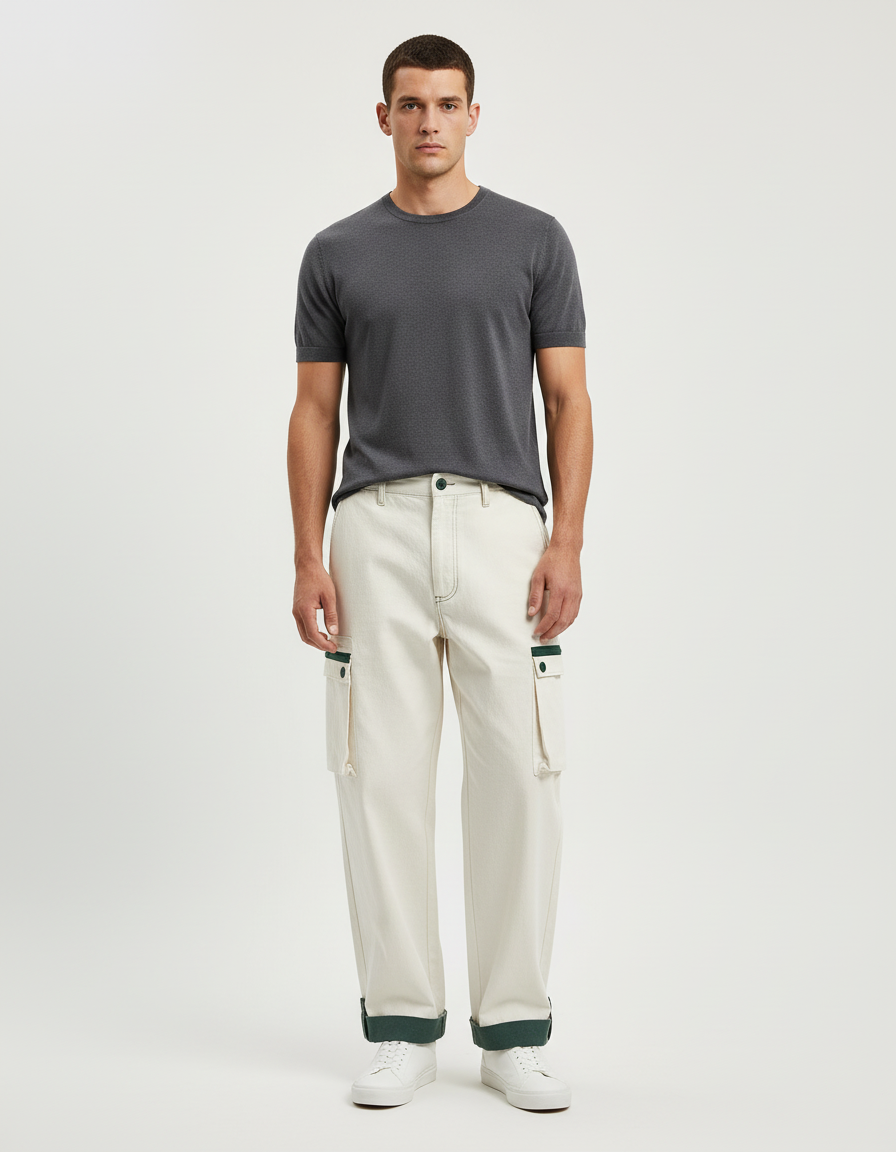 Pantalon Blanc Cargo Ample Coton Homme Streetwear - Toile