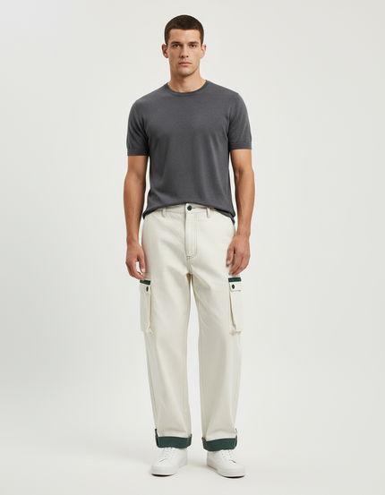 Pantalon Blanc Cargo Ample Coton Homme Streetwear - Toile