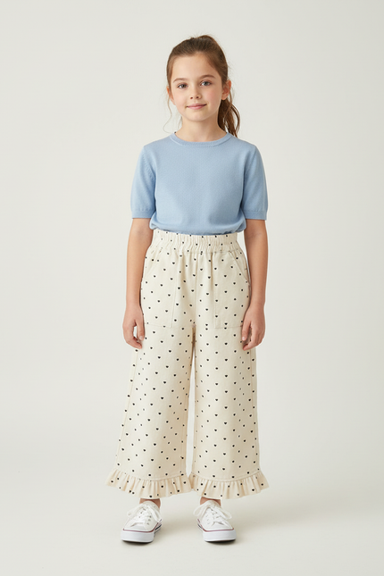 Pantalon Blanc Cœur Imprimé Ample Volants Enfant - Beige Coton