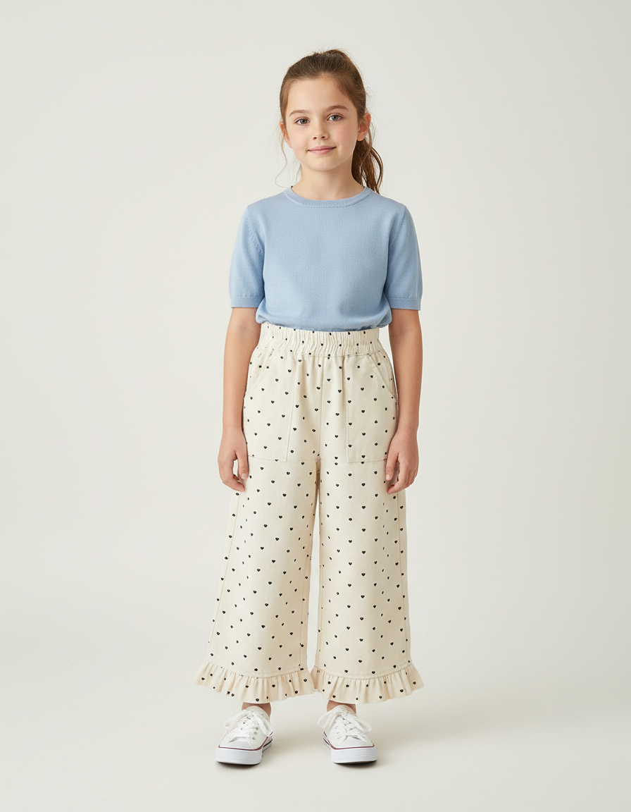 Pantalon Blanc Cœur Imprimé Ample Volants Enfant - Beige Coton
