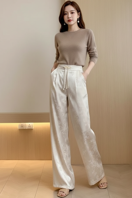 Pantalon Blanc Fleuri Femme - Satin