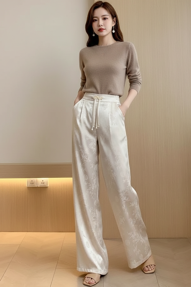 Pantalon Blanc Fleuri Femme - Satin