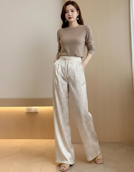 Pantalon Blanc Fleuri Femme - Satin
