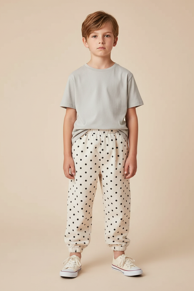 Pantalon Blanc À Pois Noir Décontracté Ample Enfant - Molleton