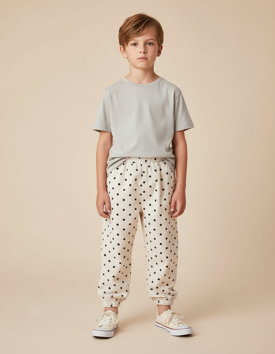 Pantalon Blanc À Pois Noir Décontracté Ample Enfant - Molleton