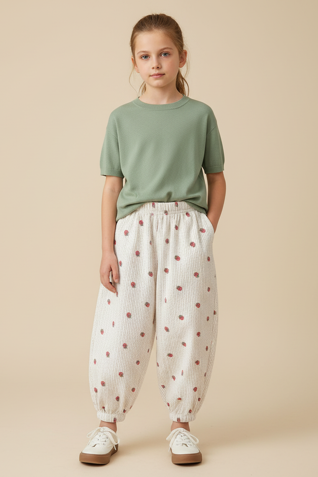 Pantalon Blanc Côtelé Ample Fraises Fille - Cordé