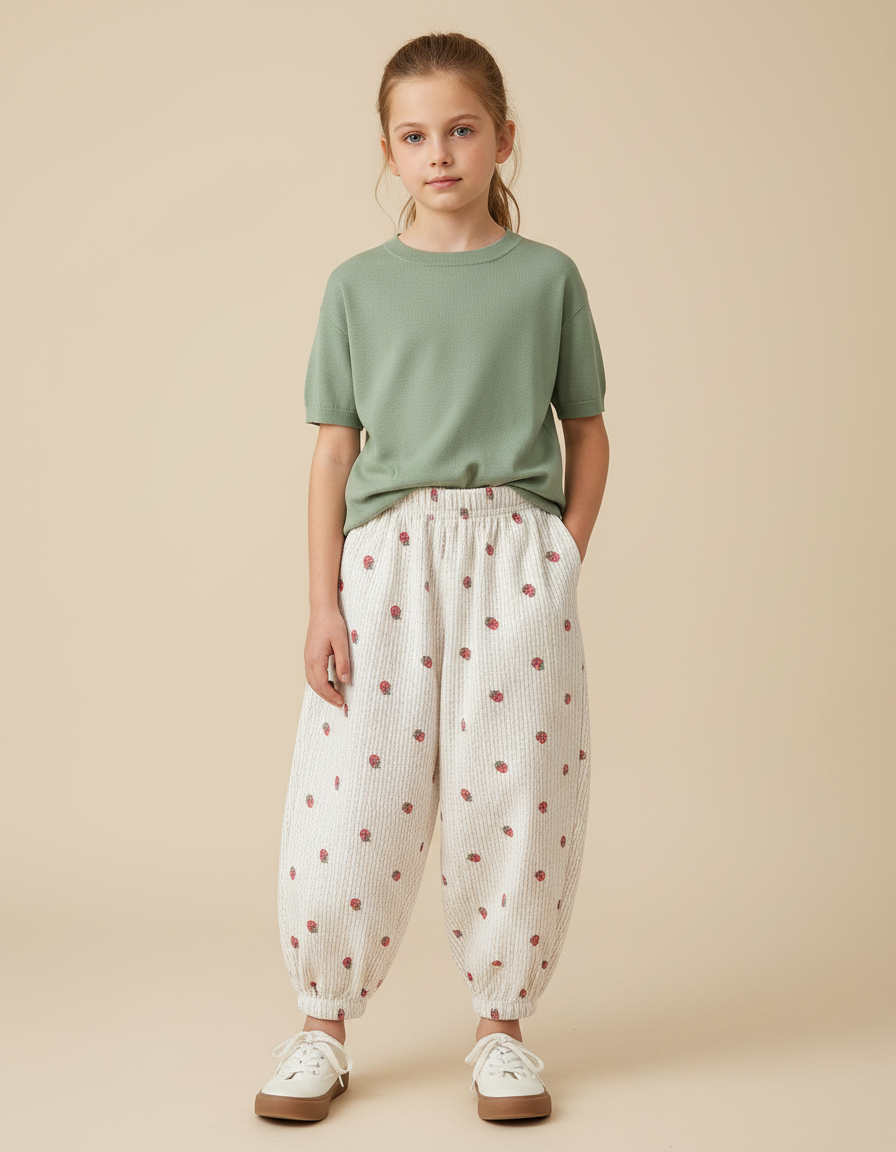 Pantalon Blanc Côtelé Ample Fraises Fille - Cordé