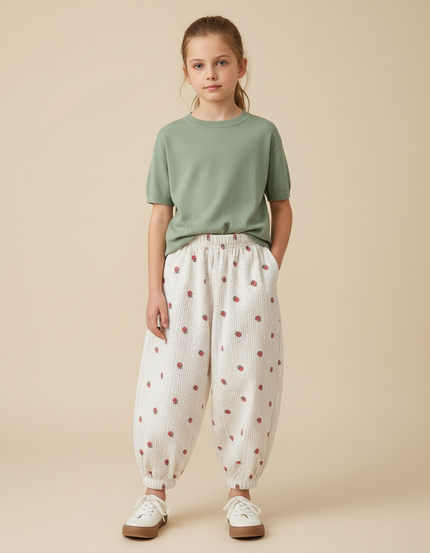 Pantalon Blanc Côtelé Ample Fraises Fille - Cordé