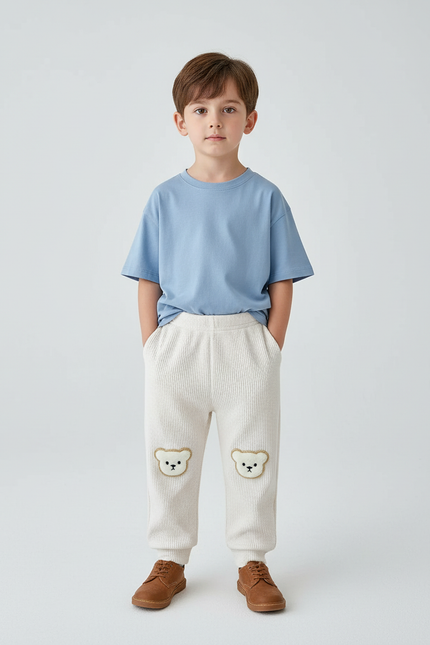 Pantalon Blanc Bébé Ours Côtelé Harem Élastique Doux - Cordé