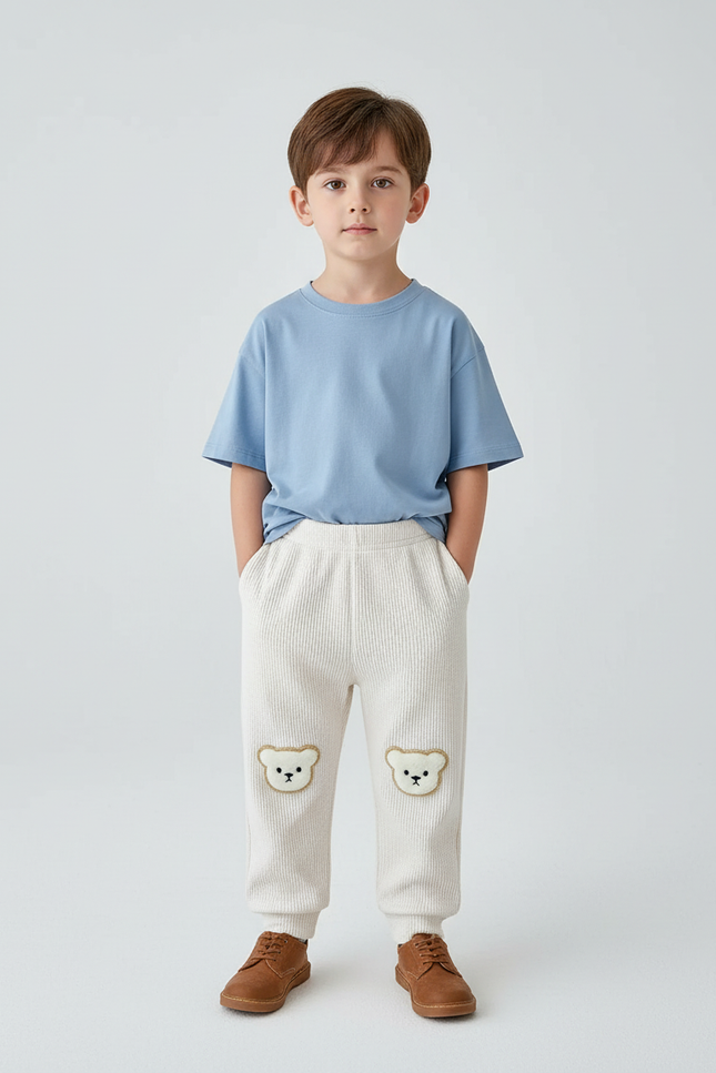 Pantalon Blanc Bébé Ours Côtelé Harem Élastique Doux - Cordé