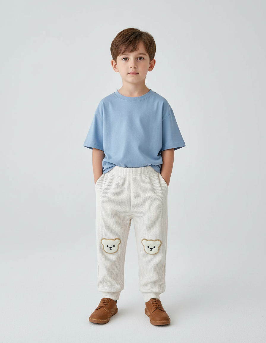 Pantalon Blanc Bébé Ours Côtelé Harem Élastique Doux - Cordé