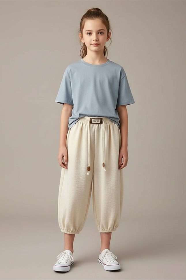 Pantalon Blanc Ample Décontracté Coton Fille Élastique - Beige Molleton