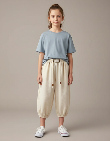 Pantalon Blanc Ample Décontracté Coton Fille Élastique - Beige Molleton