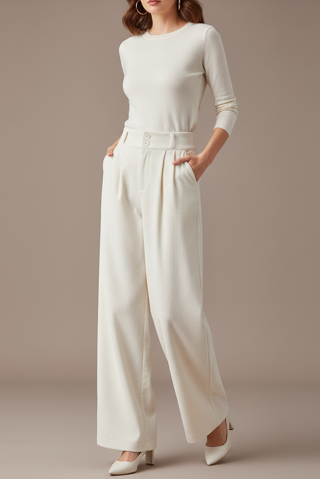 Pantalon Blanc Côtelé Taille Haute Ample Élégant - Cordé