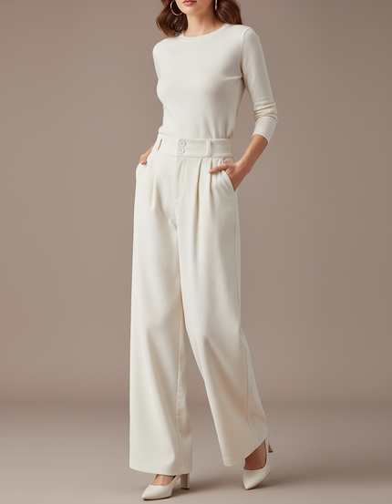 Pantalon Blanc Côtelé Taille Haute Ample Élégant - Cordé