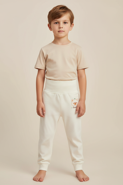 Pantalon Blanc Côtelé Ours Confortable Enfant - Maille
