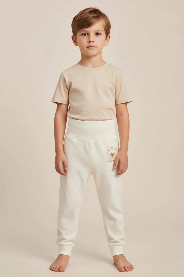 Pantalon Blanc Côtelé Ours Confortable Enfant - Maille