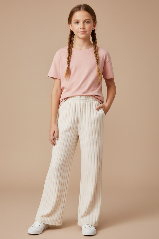 Pantalon Blanc Côtelé Ample Décontracté Enfant Fille - Maille