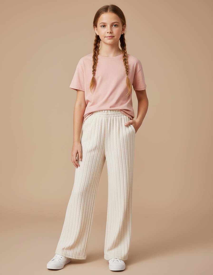Pantalon Blanc Côtelé Ample Décontracté Enfant Fille - Maille