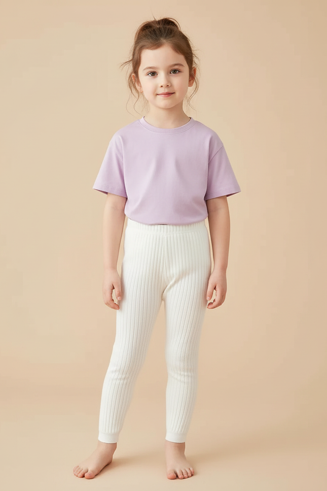 Pantalon Blanc Côtelé Élastique Confortable Fille - Maille