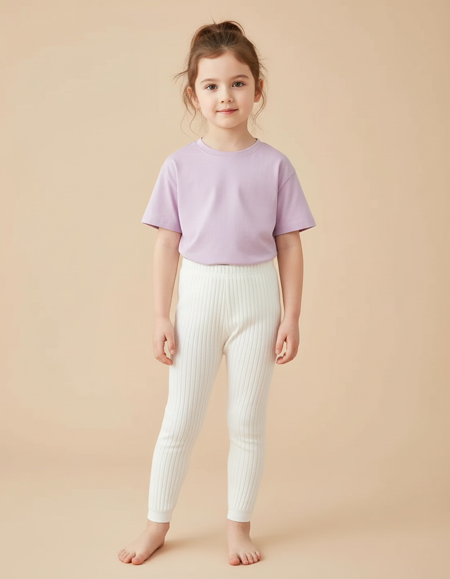 Pantalon Blanc Côtelé Élastique Confortable Fille - Maille