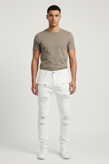 Pantalon Blanc Slim Déchiré Biker Coton Homme - Jean