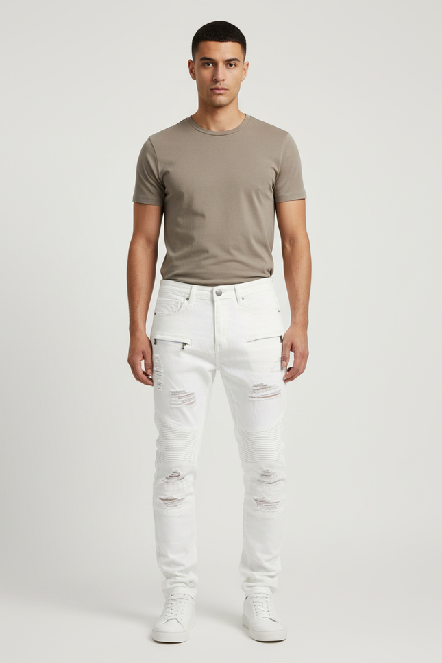 Pantalon Blanc Slim Déchiré Biker Coton Homme - Jean