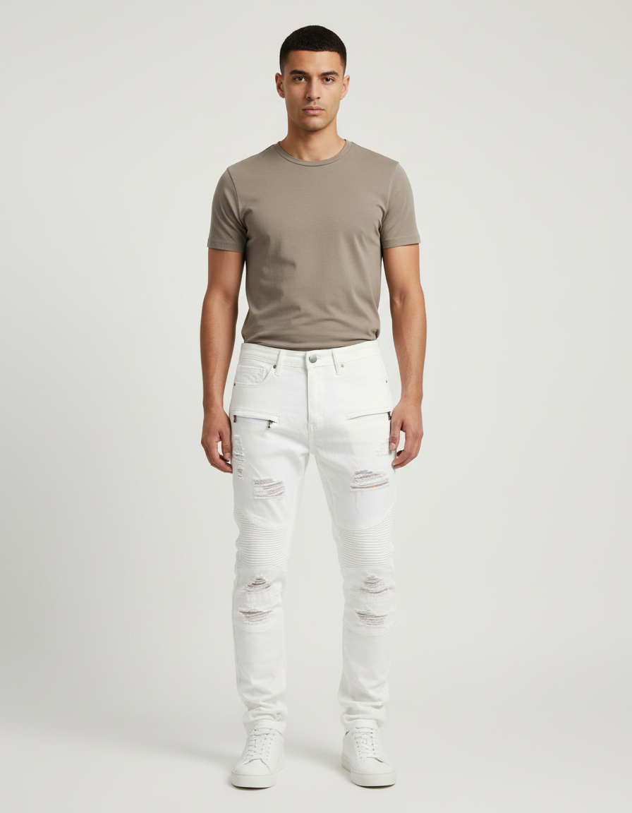 Pantalon Blanc Slim Déchiré Biker Coton Homme - Jean