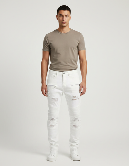 Pantalon Blanc Slim Déchiré Biker Coton Homme - Jean