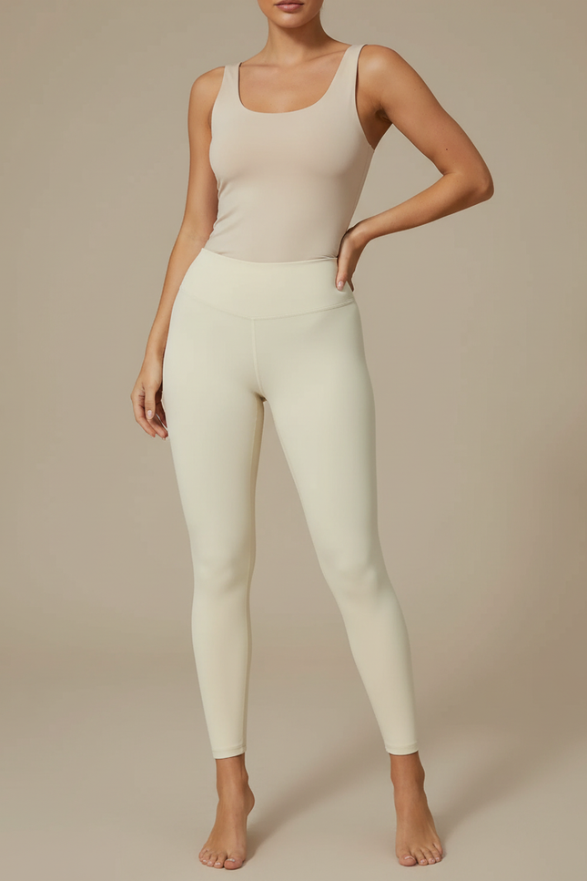Pantalon Blanc Élastique Confortable Taille Haute Yoga - Beige Polyester