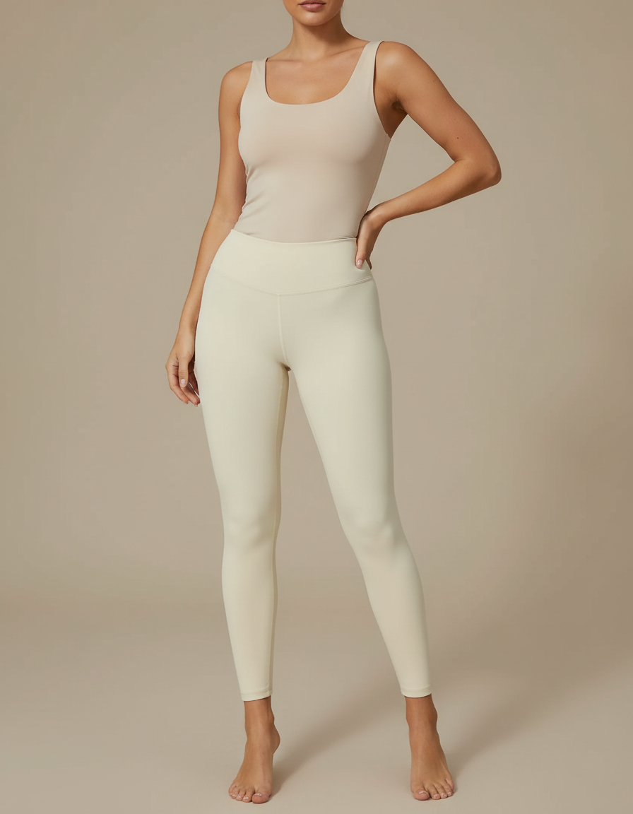 Pantalon Blanc Élastique Confortable Taille Haute Yoga - Beige Polyester