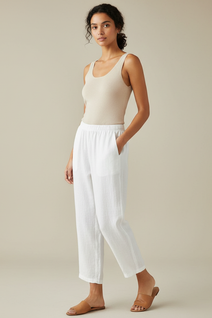 Pantalon Blanc Coton Lin Fluide Ample Décontracté