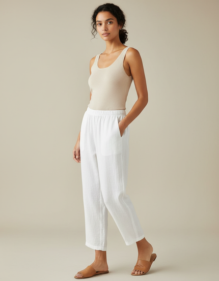 Pantalon Blanc Coton Lin Fluide Ample Décontracté