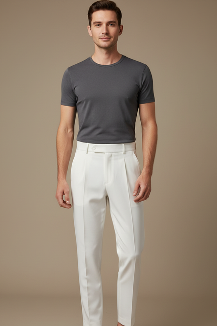 Pantalon Blanc Plissé Coupe Slim Élégant Homme - Polyester