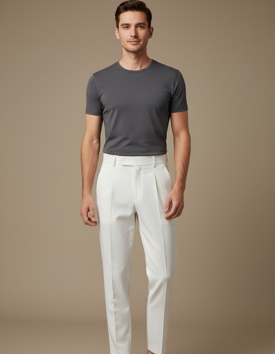 Pantalon Blanc Plissé Coupe Slim Élégant Homme - Polyester