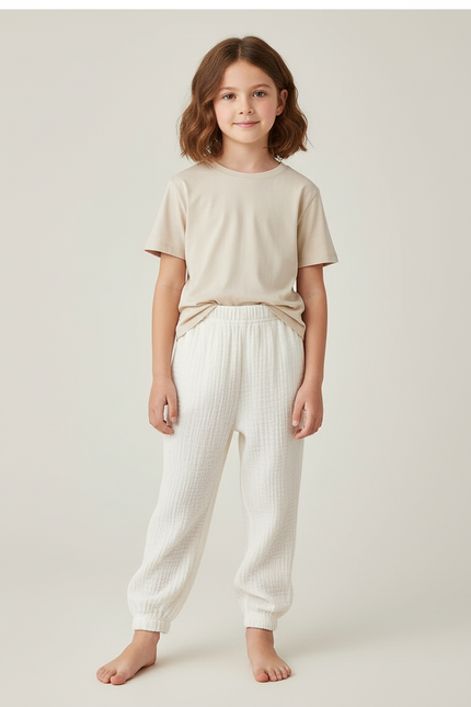 Pantalon Blanc Confortable Enfant Coton Gaufré Décontracté