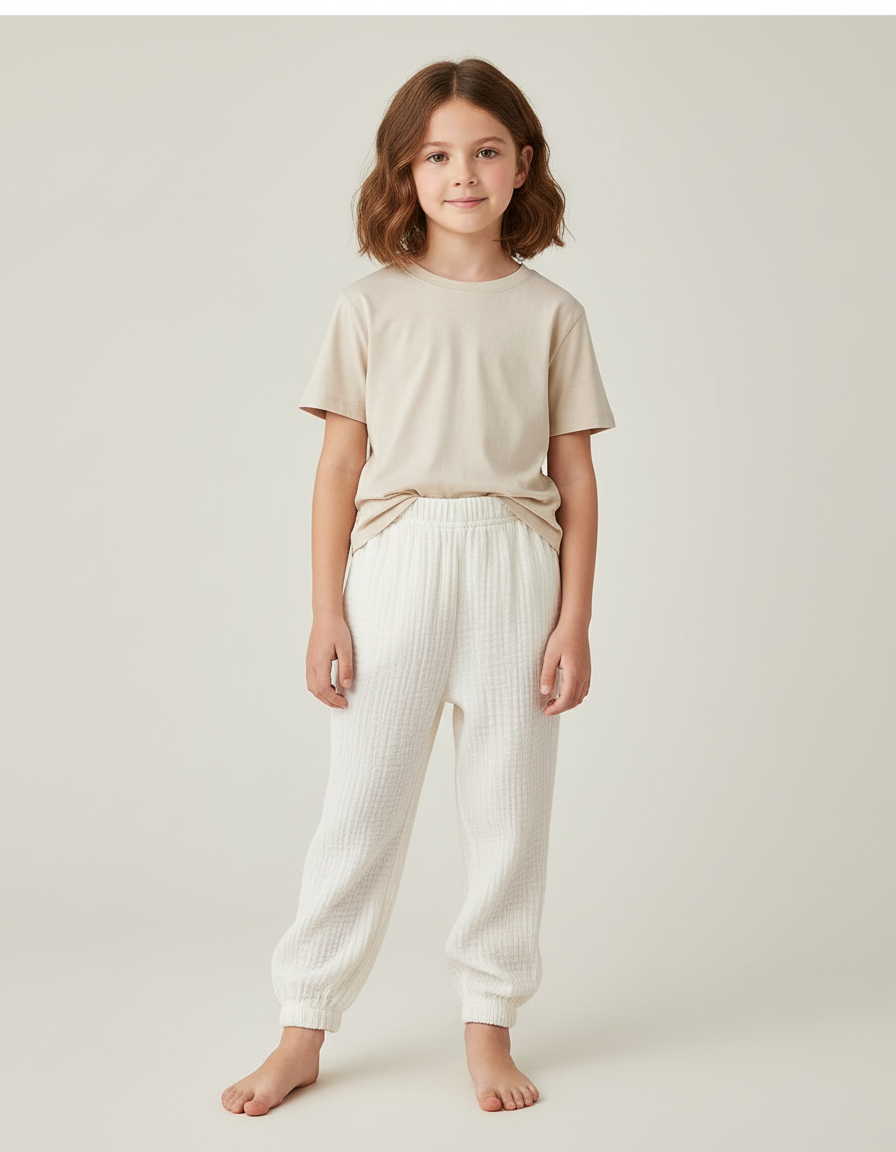 Pantalon Blanc Confortable Enfant Coton Gaufré Décontracté