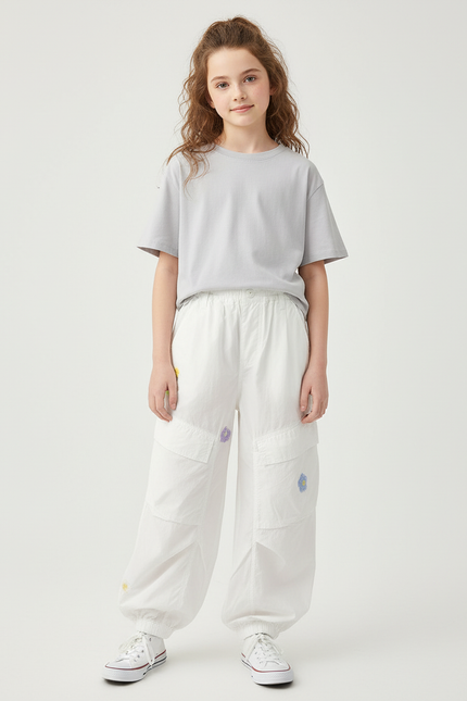 Pantalon Blanc Cargo Ample Brodé Fleurs Enfant - Polyester