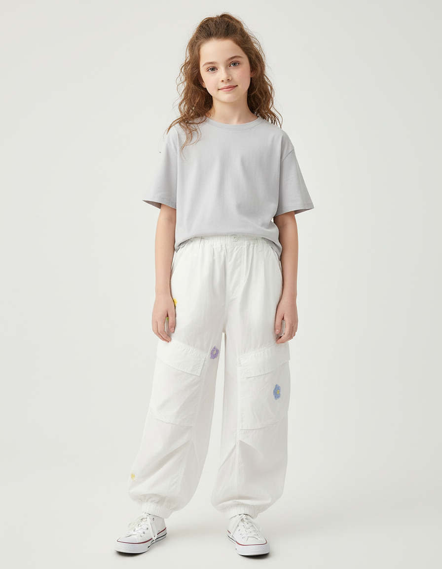 Pantalon Blanc Cargo Ample Brodé Fleurs Enfant - Polyester