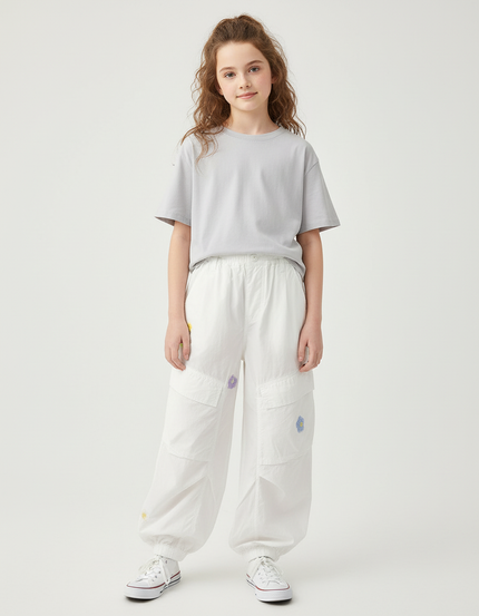 Pantalon Blanc Cargo Ample Brodé Fleurs Enfant - Polyester