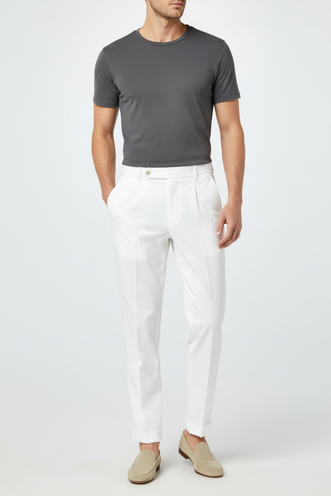 Pantalon Blanc Homme Droit Élégant Décontracté Plissé - Gabardine