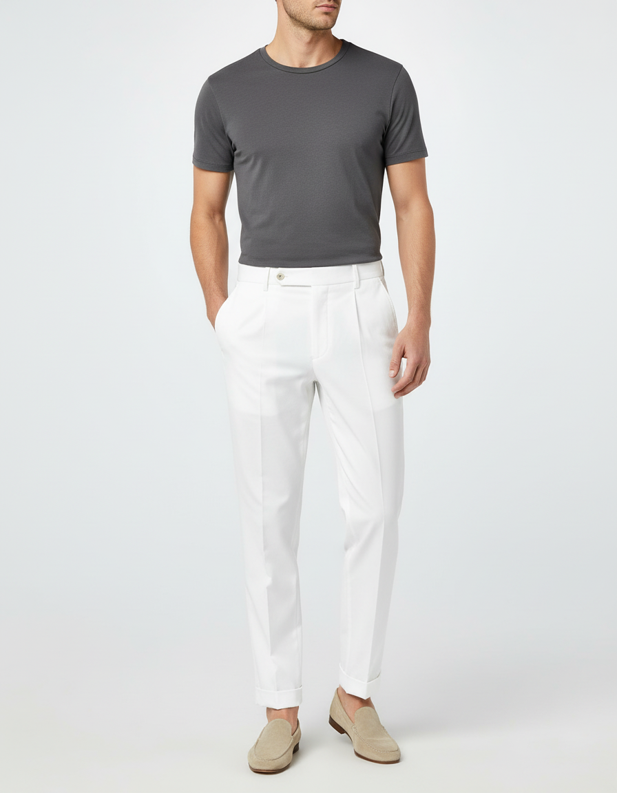 Pantalon Blanc Homme Droit Élégant Décontracté Plissé - Gabardine