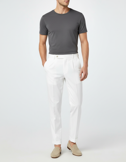 Pantalon Blanc Homme Droit Élégant Décontracté Plissé - Gabardine