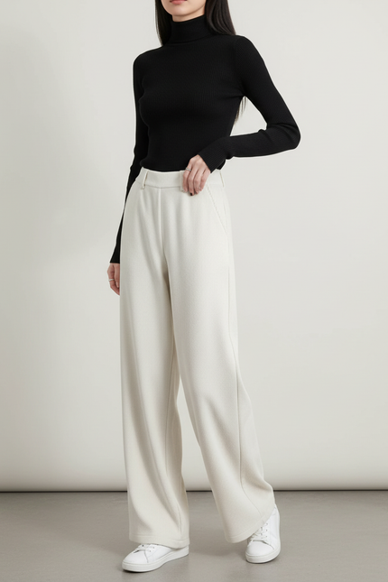 Pantalon Blanc Côtelé Ample Droit Taille Haute Femme - Cordé