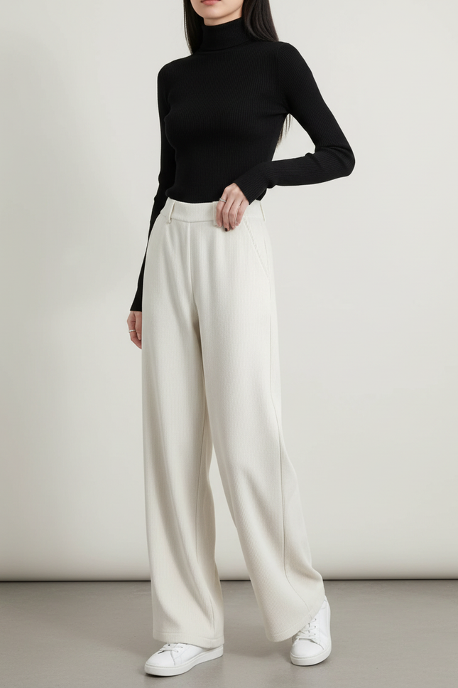 Pantalon Blanc Côtelé Ample Droit Taille Haute Femme - Cordé