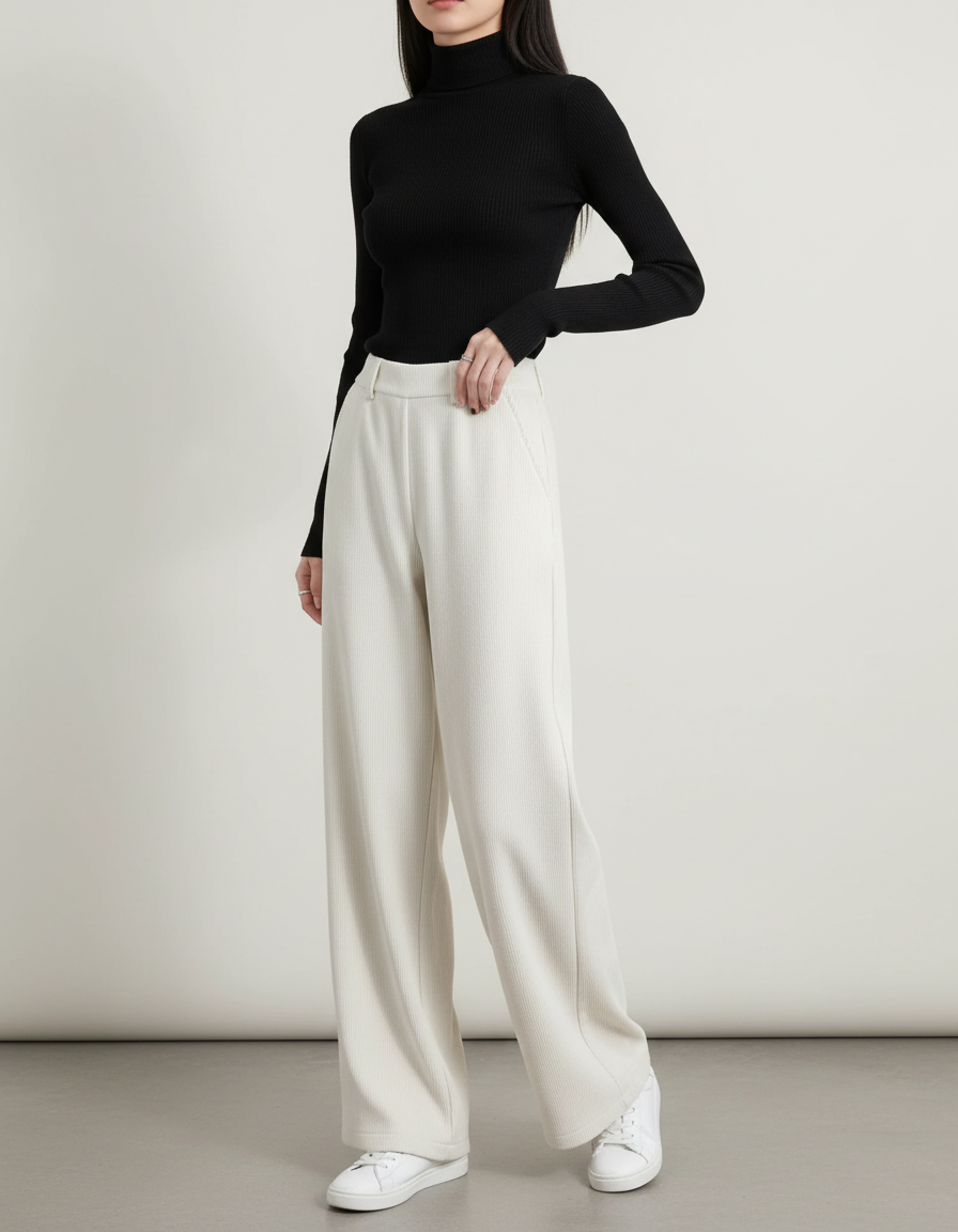 Pantalon Blanc Côtelé Ample Droit Taille Haute Femme - Cordé