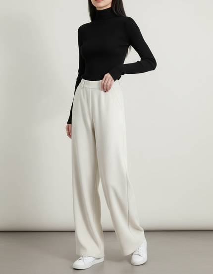 Pantalon Blanc Côtelé Ample Droit Taille Haute Femme - Cordé