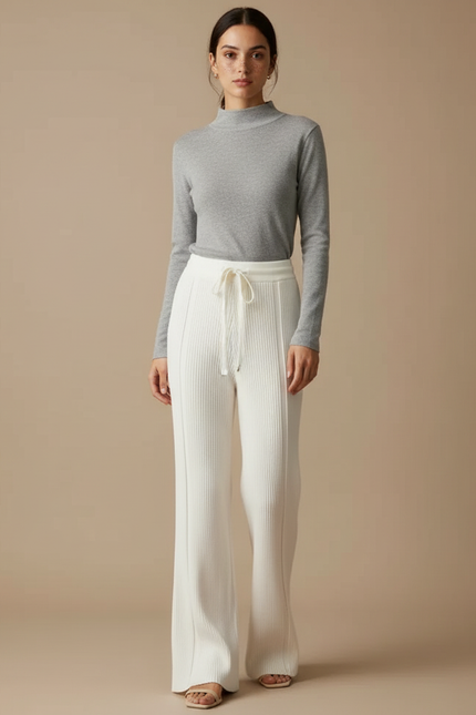 Pantalon Blanc Tricoté Côtelé Fluide Confortable Femme - Maille