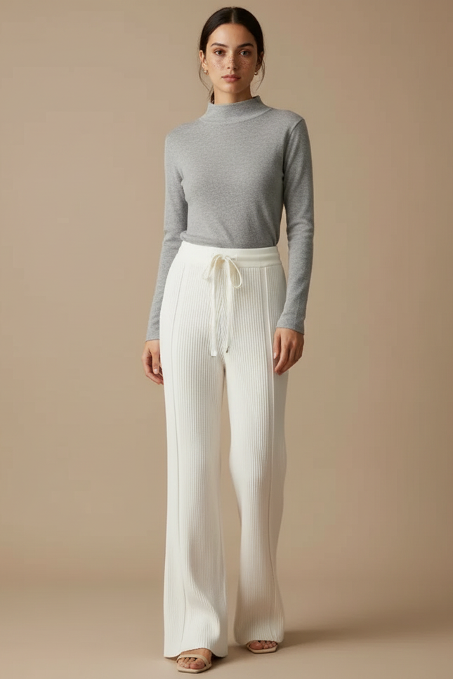 Pantalon Blanc Tricoté Côtelé Fluide Confortable Femme - Maille
